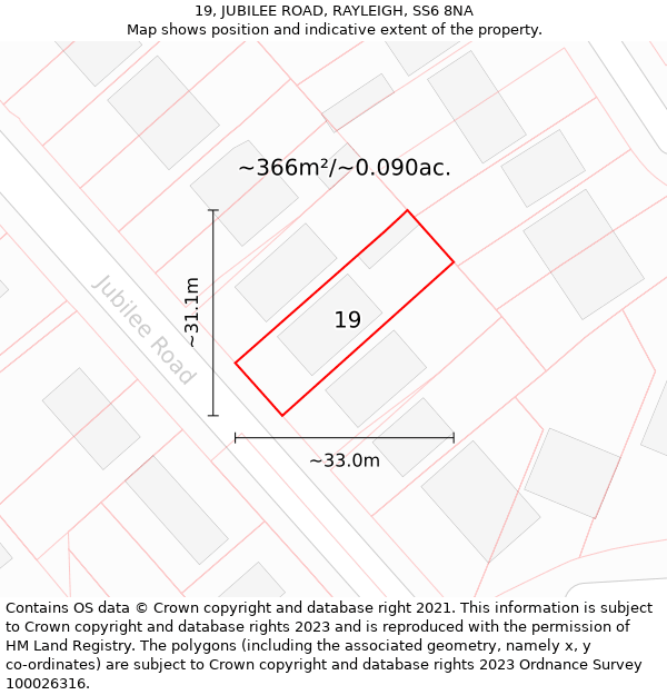 19, JUBILEE ROAD, RAYLEIGH, SS6 8NA: Plot and title map