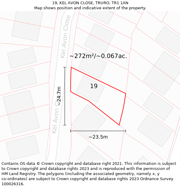 19, KEL AVON CLOSE, TRURO, TR1 1AN: Plot and title map