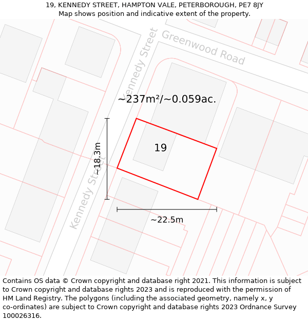 19, KENNEDY STREET, HAMPTON VALE, PETERBOROUGH, PE7 8JY: Plot and title map