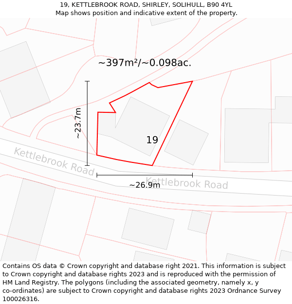 19, KETTLEBROOK ROAD, SHIRLEY, SOLIHULL, B90 4YL: Plot and title map