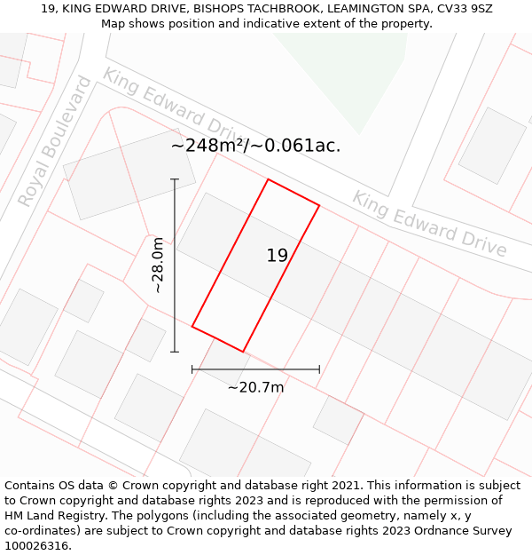 19, KING EDWARD DRIVE, BISHOPS TACHBROOK, LEAMINGTON SPA, CV33 9SZ: Plot and title map