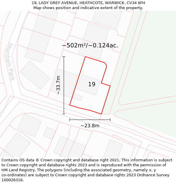 19, LADY GREY AVENUE, HEATHCOTE, WARWICK, CV34 6FH: Plot and title map