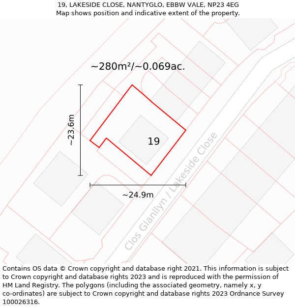 19, LAKESIDE CLOSE, NANTYGLO, EBBW VALE, NP23 4EG: Plot and title map