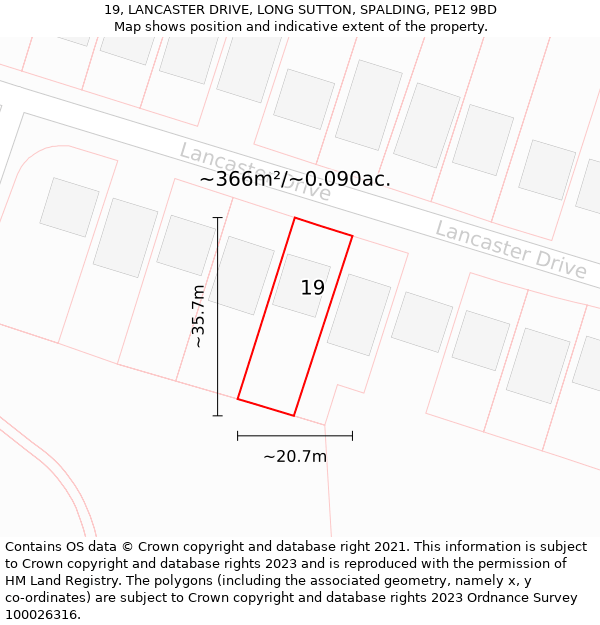 19, LANCASTER DRIVE, LONG SUTTON, SPALDING, PE12 9BD: Plot and title map