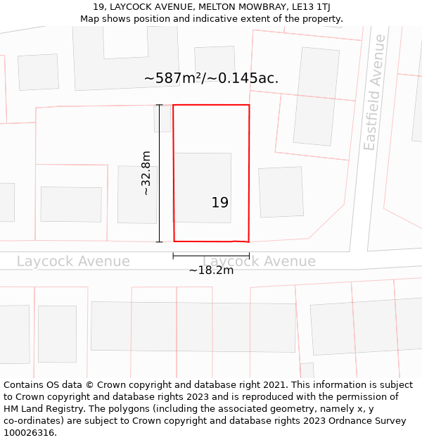 19, LAYCOCK AVENUE, MELTON MOWBRAY, LE13 1TJ: Plot and title map