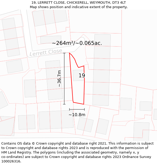 19, LERRETT CLOSE, CHICKERELL, WEYMOUTH, DT3 4LT: Plot and title map