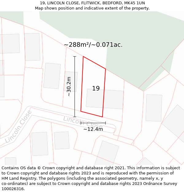 19, LINCOLN CLOSE, FLITWICK, BEDFORD, MK45 1UN: Plot and title map