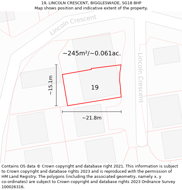 19, LINCOLN CRESCENT, BIGGLESWADE, SG18 8HP: Plot and title map