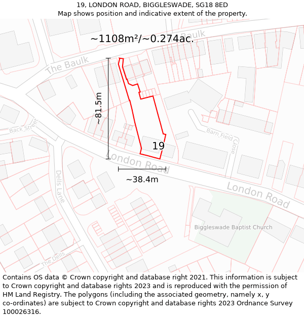 19, LONDON ROAD, BIGGLESWADE, SG18 8ED: Plot and title map