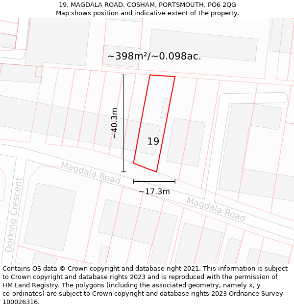 19, MAGDALA ROAD, COSHAM, PORTSMOUTH, PO6 2QG: Plot and title map