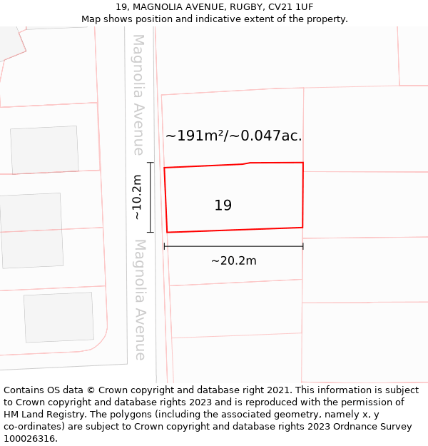 19, MAGNOLIA AVENUE, RUGBY, CV21 1UF: Plot and title map