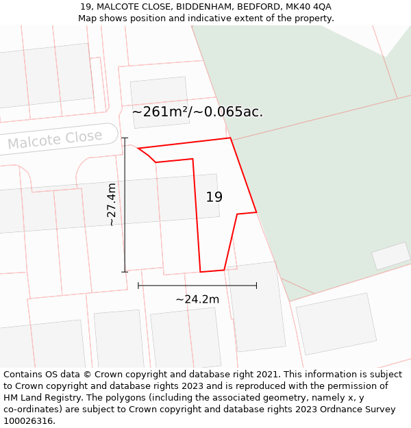 19, MALCOTE CLOSE, BIDDENHAM, BEDFORD, MK40 4QA: Plot and title map