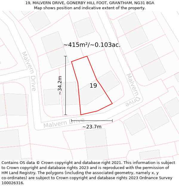 19, MALVERN DRIVE, GONERBY HILL FOOT, GRANTHAM, NG31 8GA: Plot and title map