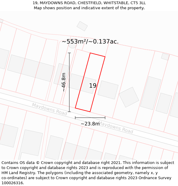 19, MAYDOWNS ROAD, CHESTFIELD, WHITSTABLE, CT5 3LL: Plot and title map