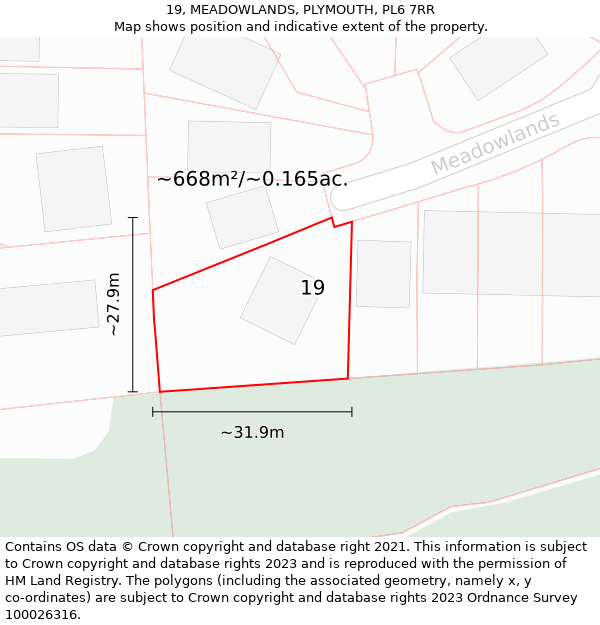 19, MEADOWLANDS, PLYMOUTH, PL6 7RR: Plot and title map