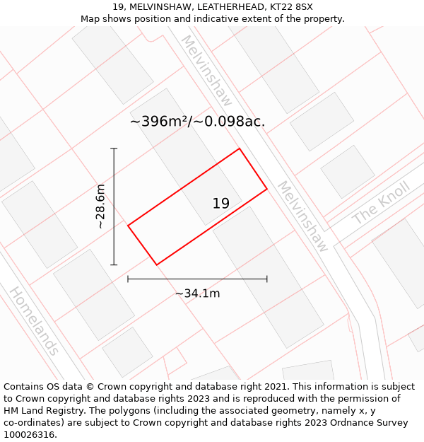 19, MELVINSHAW, LEATHERHEAD, KT22 8SX: Plot and title map