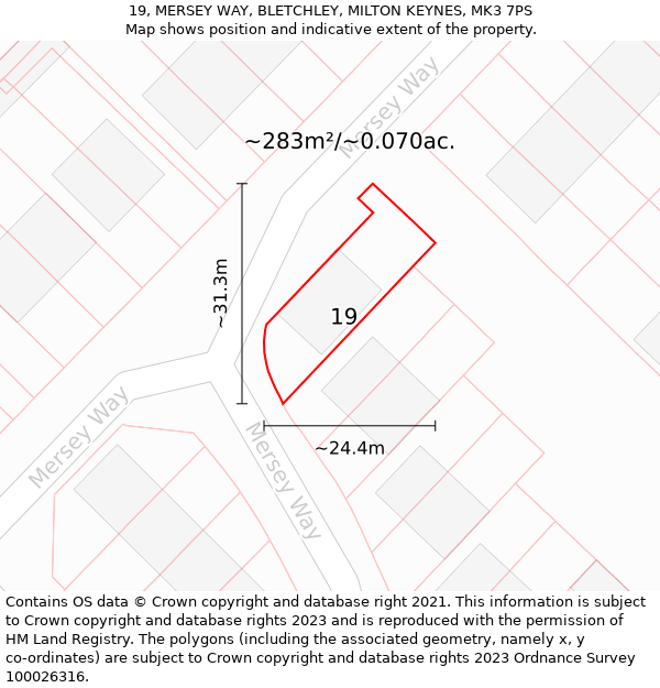 19, MERSEY WAY, BLETCHLEY, MILTON KEYNES, MK3 7PS: Plot and title map