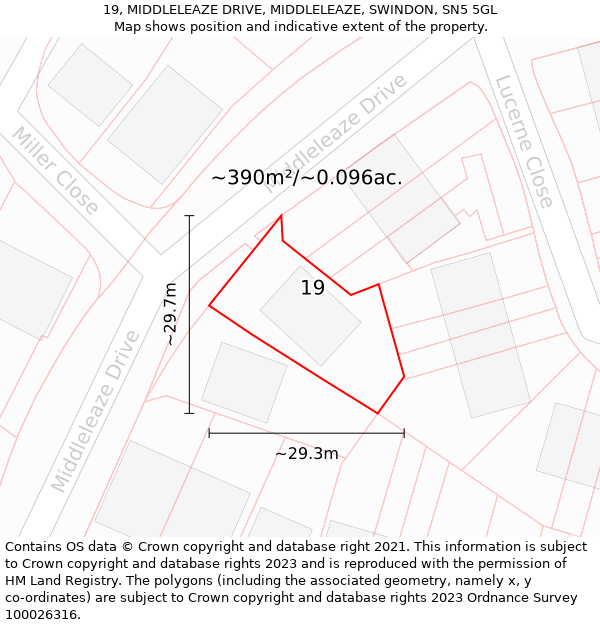 19, MIDDLELEAZE DRIVE, MIDDLELEAZE, SWINDON, SN5 5GL: Plot and title map