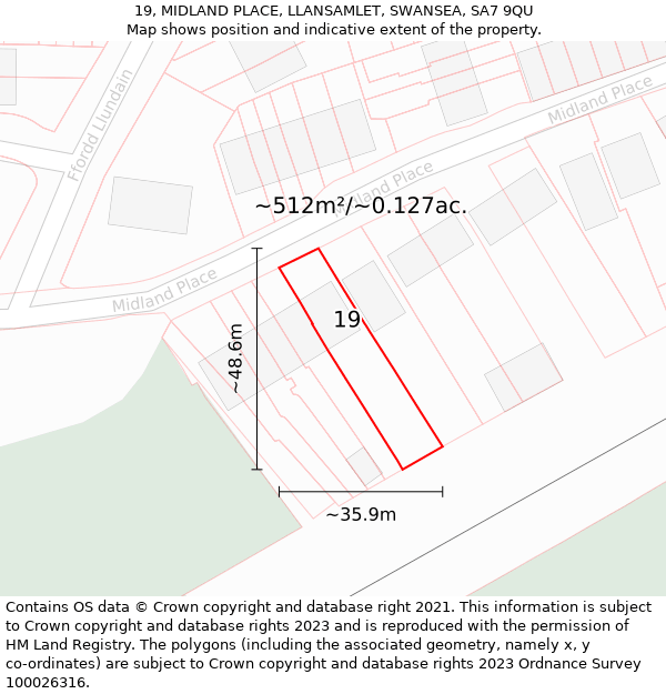 19, MIDLAND PLACE, LLANSAMLET, SWANSEA, SA7 9QU: Plot and title map