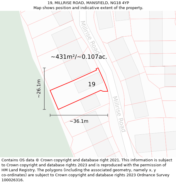 19, MILLRISE ROAD, MANSFIELD, NG18 4YP: Plot and title map