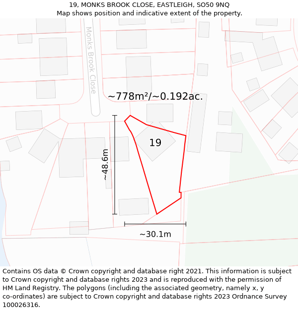 19, MONKS BROOK CLOSE, EASTLEIGH, SO50 9NQ: Plot and title map