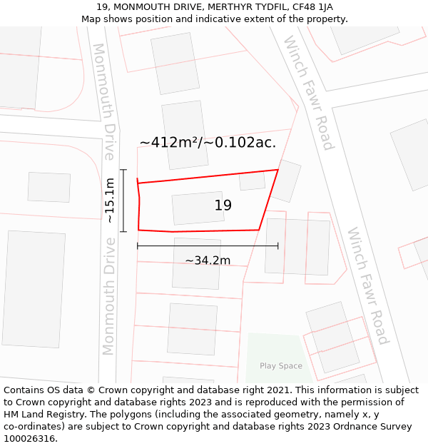 19, MONMOUTH DRIVE, MERTHYR TYDFIL, CF48 1JA: Plot and title map