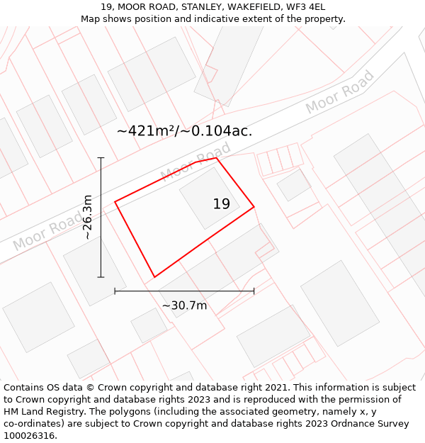 19, MOOR ROAD, STANLEY, WAKEFIELD, WF3 4EL: Plot and title map