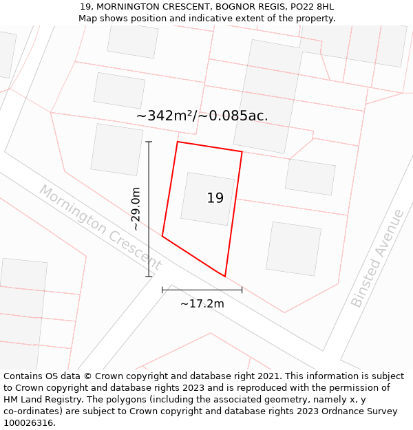 19, MORNINGTON CRESCENT, BOGNOR REGIS, PO22 8HL: Plot and title map