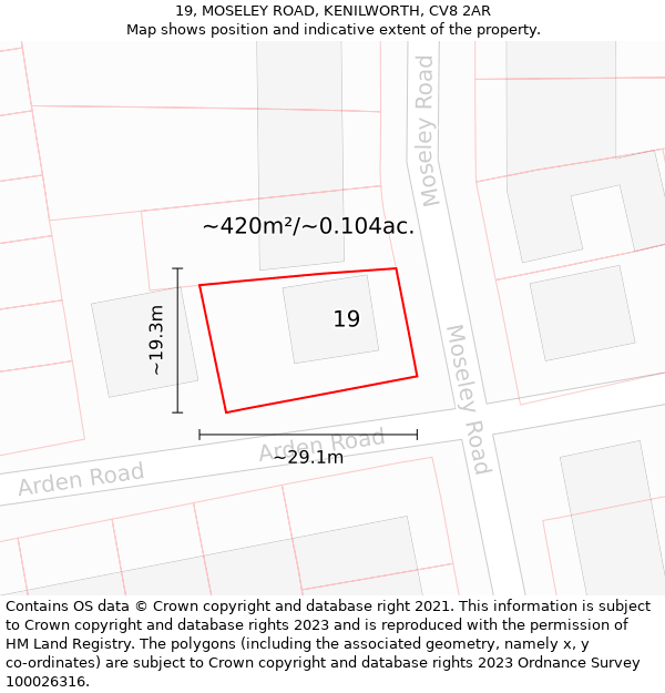 19, MOSELEY ROAD, KENILWORTH, CV8 2AR: Plot and title map