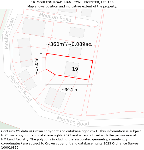 19, MOULTON ROAD, HAMILTON, LEICESTER, LE5 1BS: Plot and title map