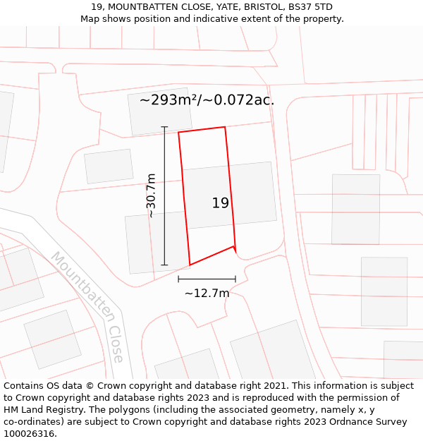 19, MOUNTBATTEN CLOSE, YATE, BRISTOL, BS37 5TD: Plot and title map