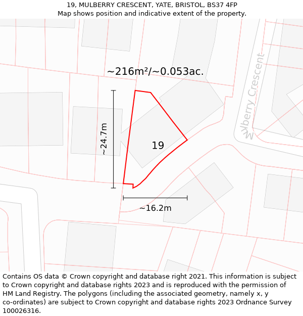 19, MULBERRY CRESCENT, YATE, BRISTOL, BS37 4FP: Plot and title map