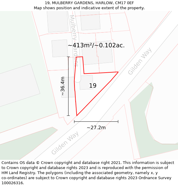 19, MULBERRY GARDENS, HARLOW, CM17 0EF: Plot and title map