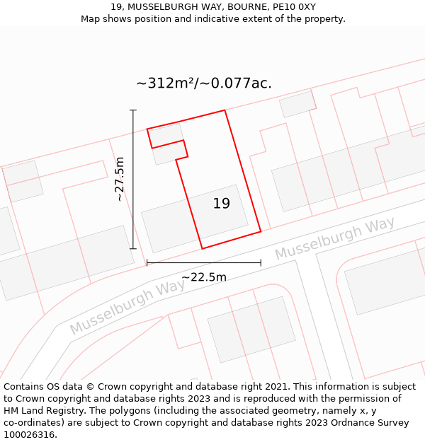 19, MUSSELBURGH WAY, BOURNE, PE10 0XY: Plot and title map