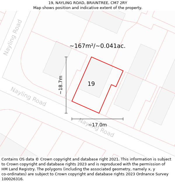 19, NAYLING ROAD, BRAINTREE, CM7 2RY: Plot and title map