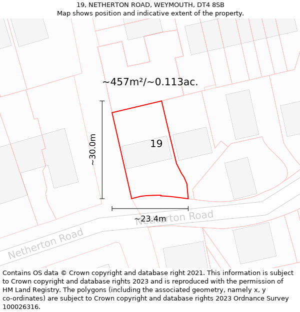 19, NETHERTON ROAD, WEYMOUTH, DT4 8SB: Plot and title map