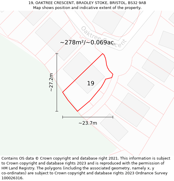 19, OAKTREE CRESCENT, BRADLEY STOKE, BRISTOL, BS32 9AB: Plot and title map