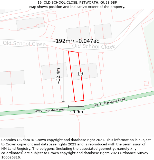 19, OLD SCHOOL CLOSE, PETWORTH, GU28 9BF: Plot and title map