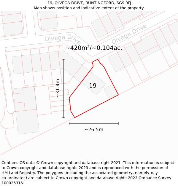 19, OLVEGA DRIVE, BUNTINGFORD, SG9 9FJ: Plot and title map