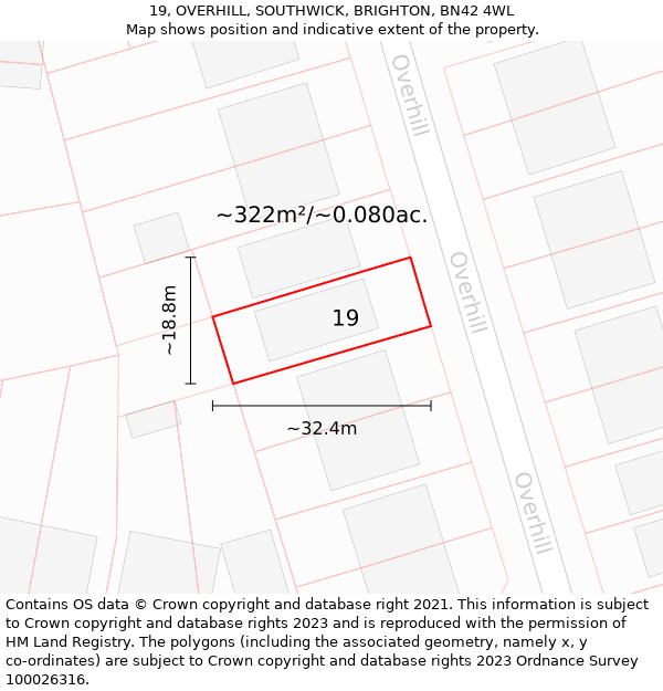 19, OVERHILL, SOUTHWICK, BRIGHTON, BN42 4WL: Plot and title map