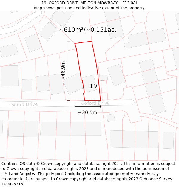 19, OXFORD DRIVE, MELTON MOWBRAY, LE13 0AL: Plot and title map