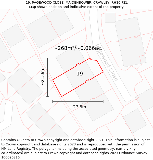 19, PAGEWOOD CLOSE, MAIDENBOWER, CRAWLEY, RH10 7ZL: Plot and title map