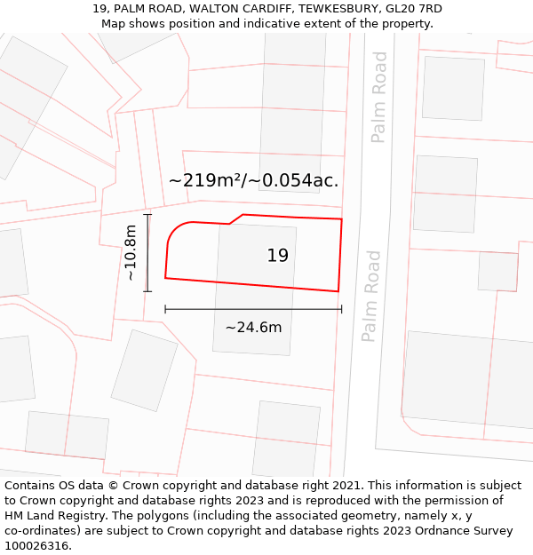 19, PALM ROAD, WALTON CARDIFF, TEWKESBURY, GL20 7RD: Plot and title map