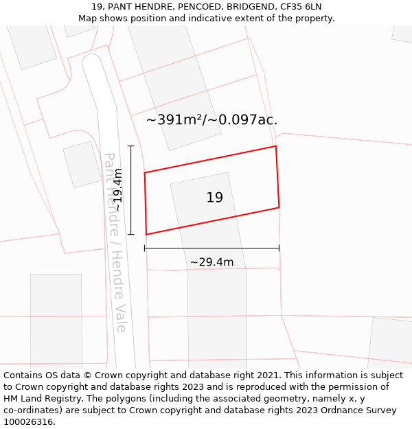 19, PANT HENDRE, PENCOED, BRIDGEND, CF35 6LN: Plot and title map