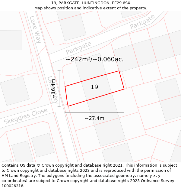 19, PARKGATE, HUNTINGDON, PE29 6SX: Plot and title map