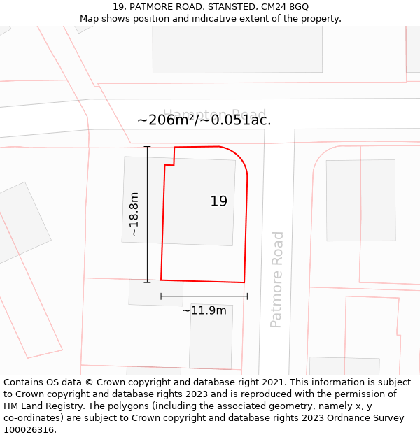 19, PATMORE ROAD, STANSTED, CM24 8GQ: Plot and title map