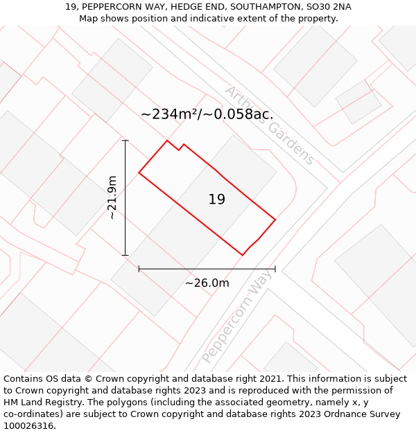 19, PEPPERCORN WAY, HEDGE END, SOUTHAMPTON, SO30 2NA: Plot and title map