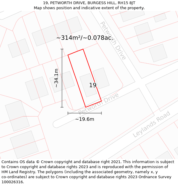 19, PETWORTH DRIVE, BURGESS HILL, RH15 8JT: Plot and title map