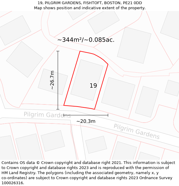 19, PILGRIM GARDENS, FISHTOFT, BOSTON, PE21 0DD: Plot and title map