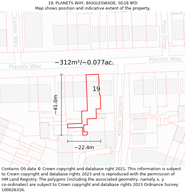 19, PLANETS WAY, BIGGLESWADE, SG18 8FD: Plot and title map